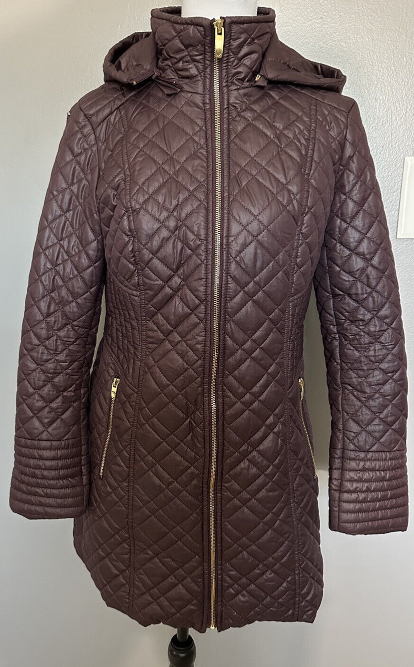 Via Spiga Zig-Zag Quilted Puffer Jacket Burgundy Full Zip Coat Zipper Pockets S
